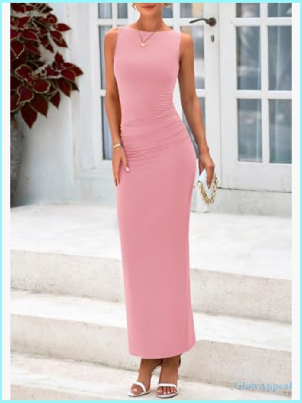Sleeveless Midi Bodycon Dress with Ruched Detail Back Slit - Picture 6 of 7